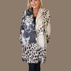 NWT Look Mode Faux Suede Leopard And Flower Print Long Jacket